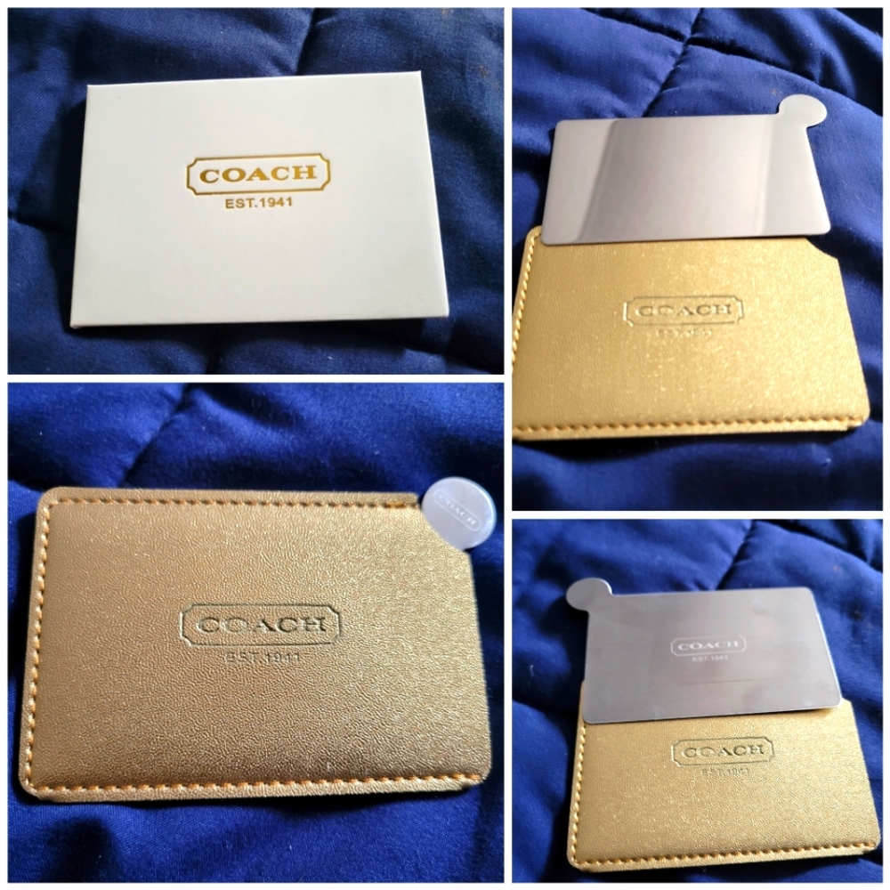 NIB GOLD LEATHER CASE W STAINLESS STEEL MIRROR. Unbreakable COACH Promo item.